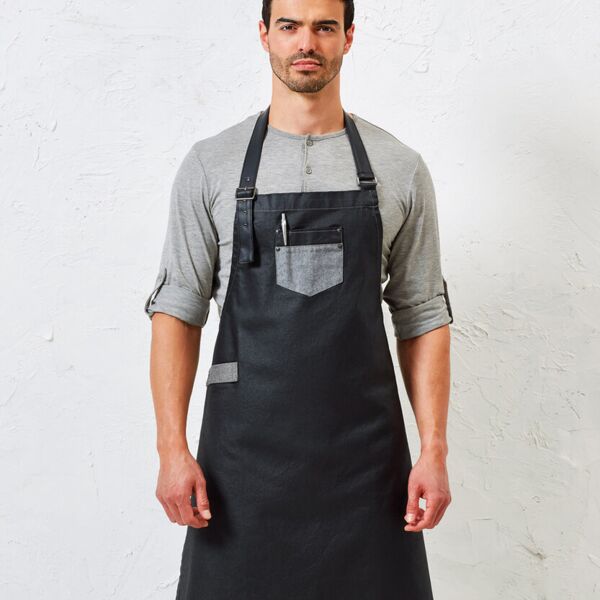 Division waxed-look denim bib apron with faux leather Thumbnail